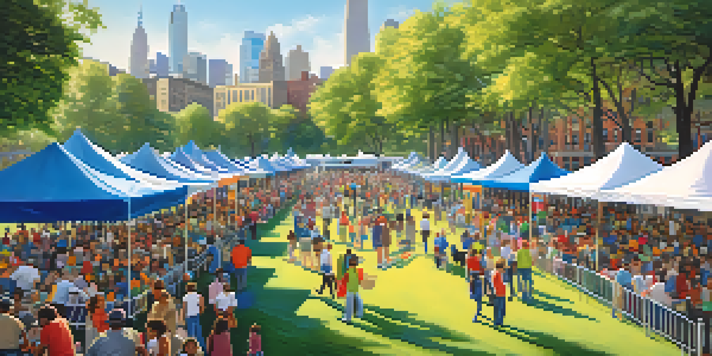 Aerial view of a diverse crowd in a New York City park during a philanthropic event, featuring colorful banners and booths.