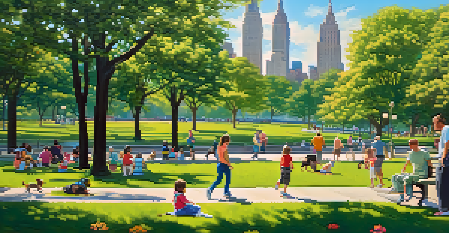 A peaceful park in New York City with families and children playing, surrounded by greenery and the skyline in the background.