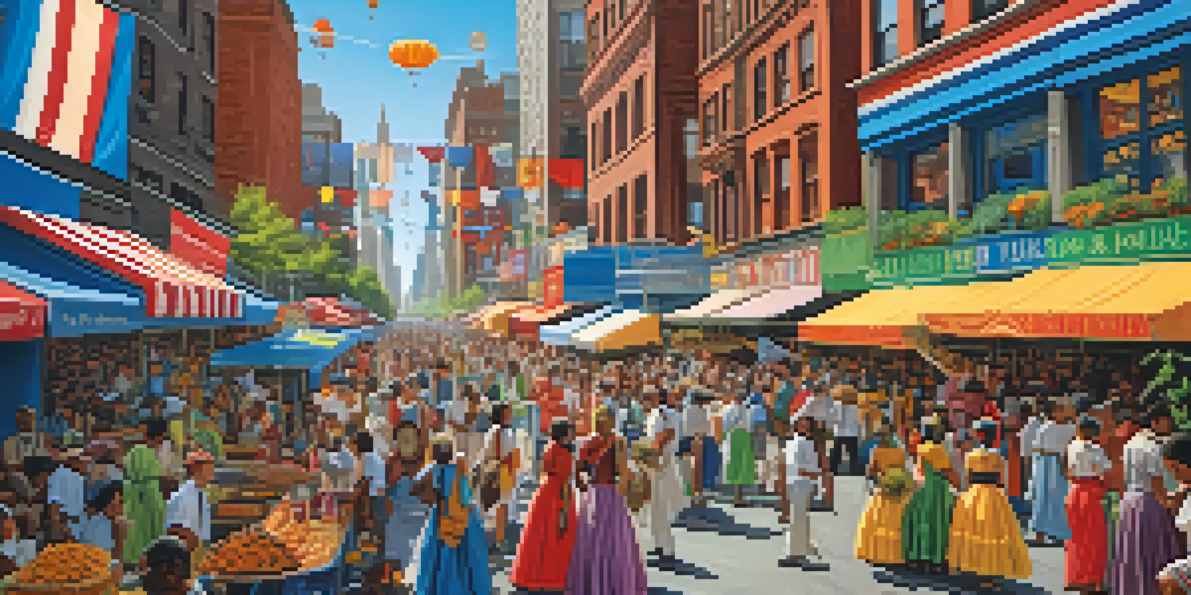 A bustling street filled with people in colorful costumes celebrating a cultural festival in New York City, with food stalls and festive decorations.