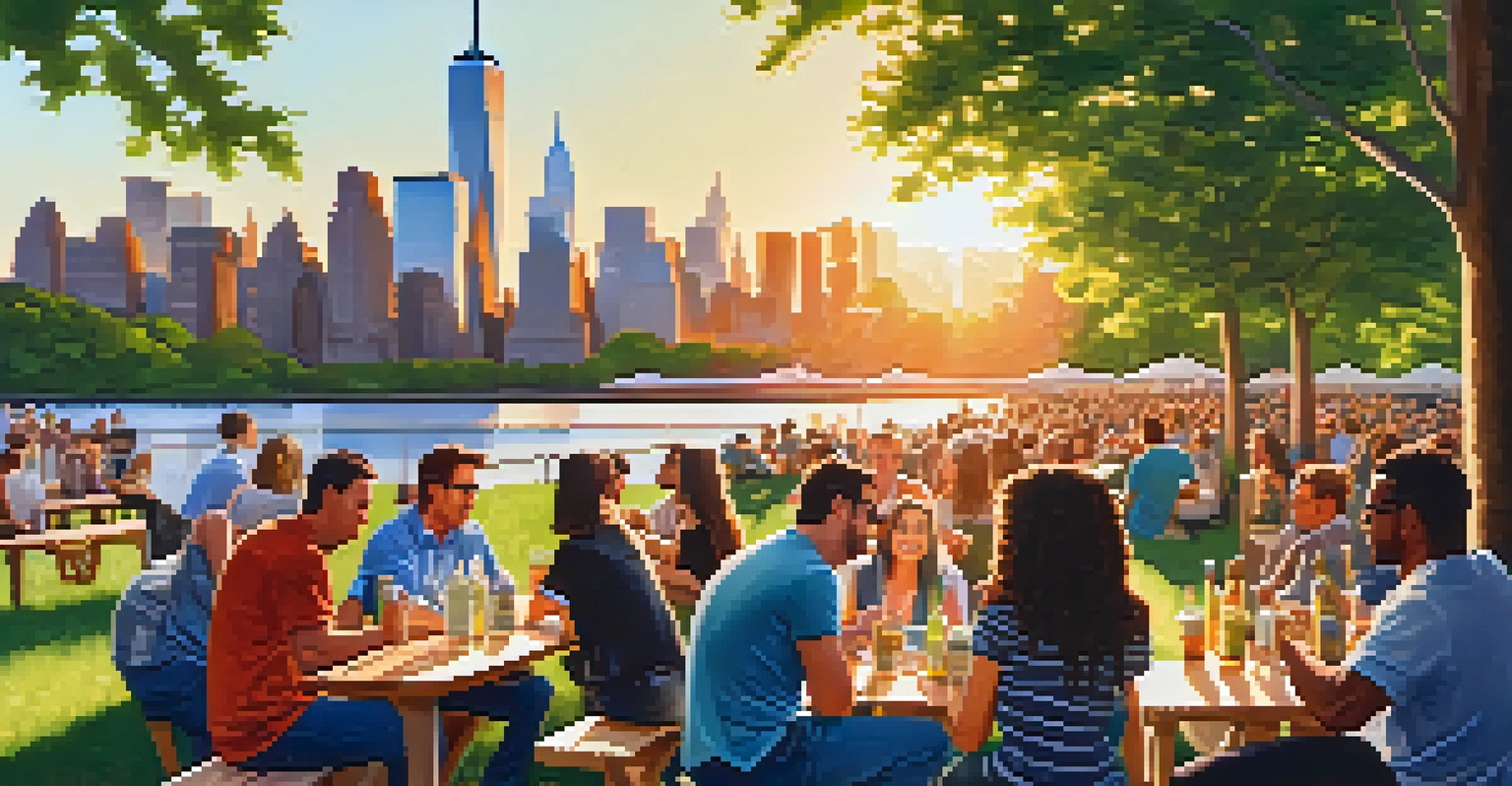 Freelancers networking at an outdoor event in a park in New York City during sunset.
