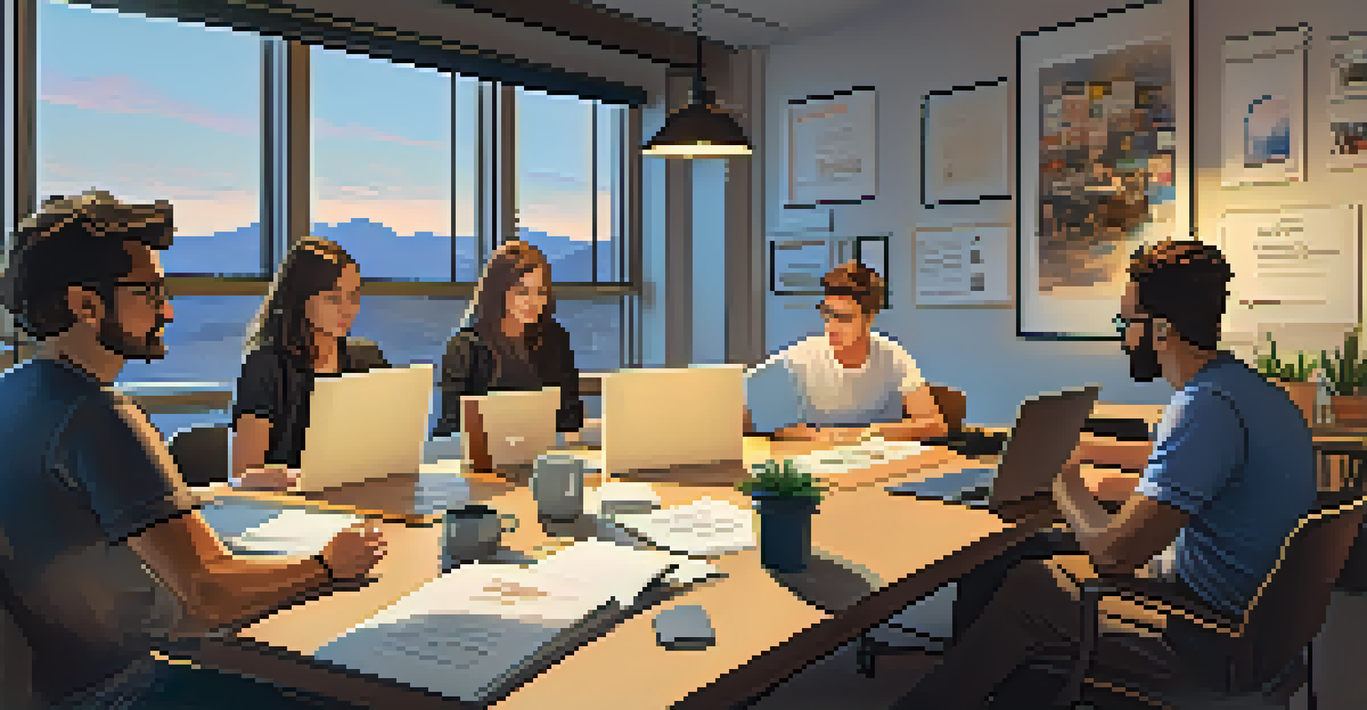 A startup team engaged in a brainstorming session around a table with laptops and notes.