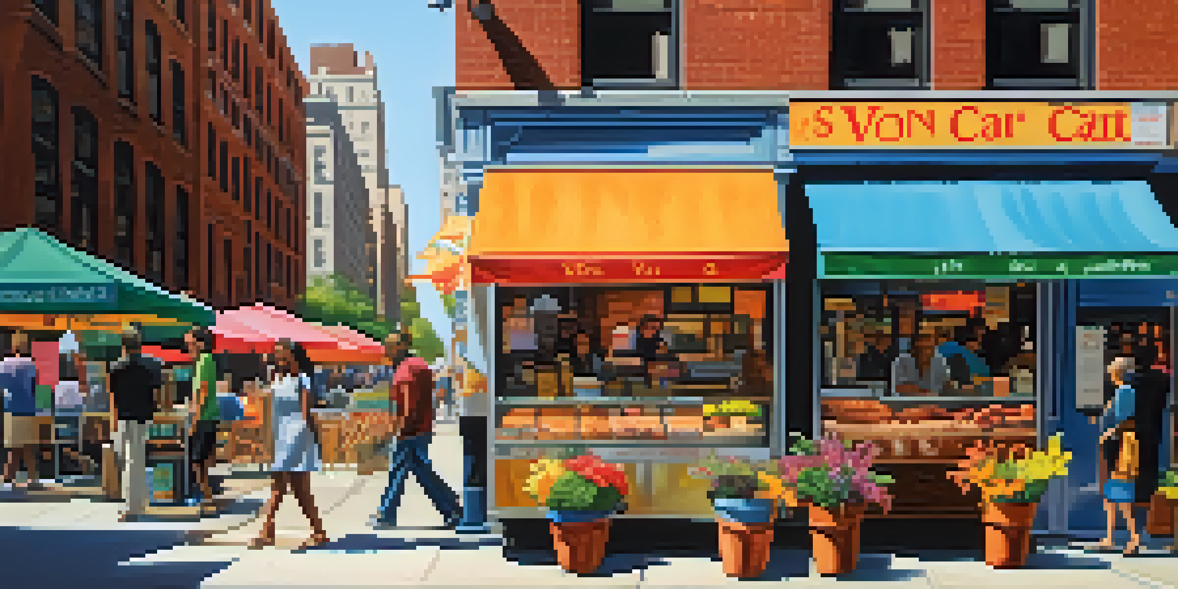 A vibrant street in New York City filled with small business storefronts, pedestrians, and a food cart under bright sunlight.
