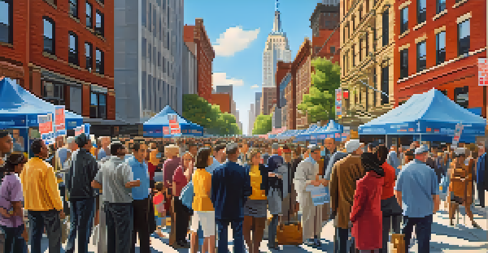 A lively New York City street filled with voters waiting outside a polling station on election day, featuring campaign posters and the skyline in the background.