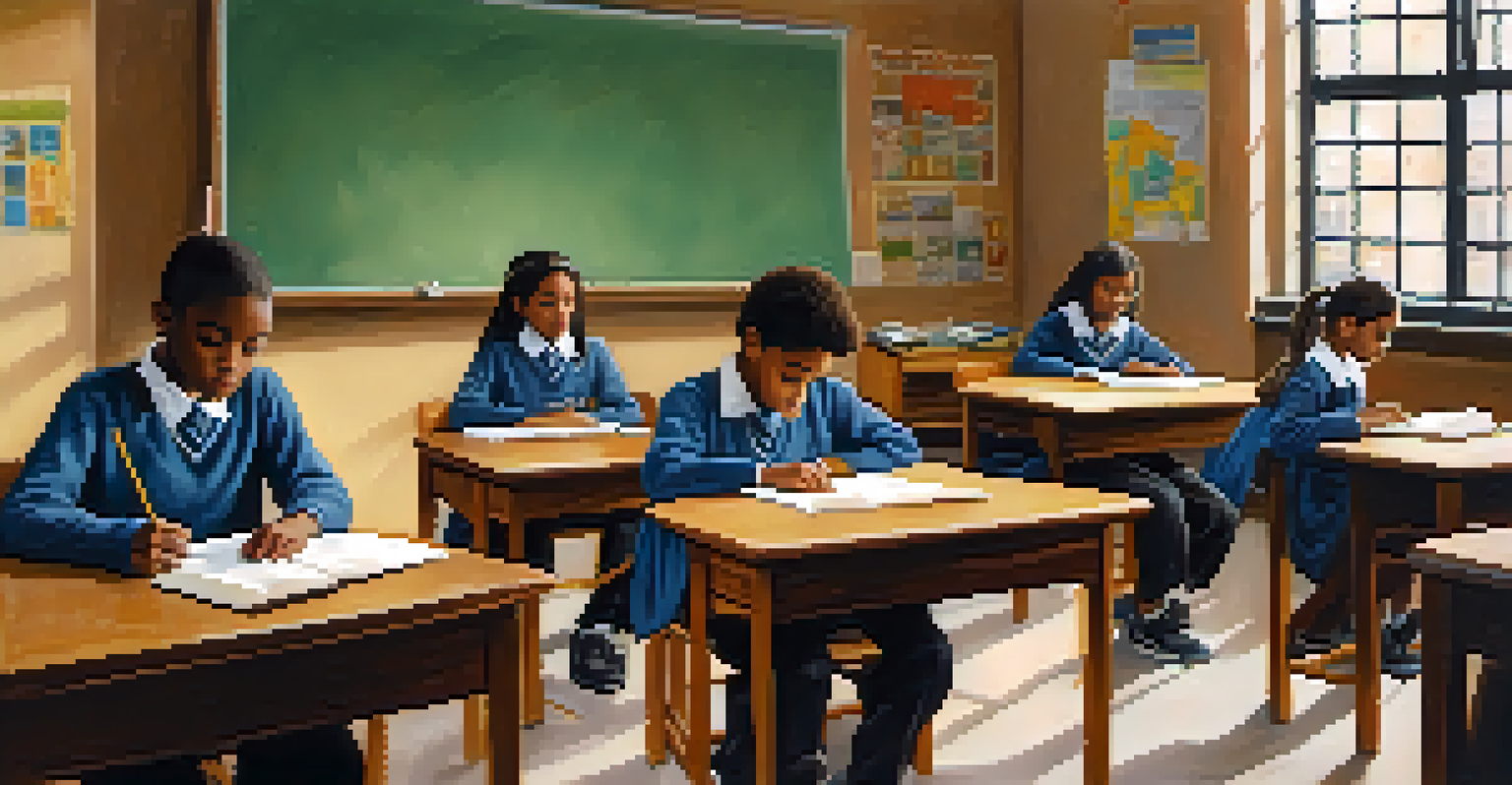 A struggling classroom in a lower-income New York City neighborhood with worn-out desks, minimal supplies, and a dedicated teacher guiding attentive students.