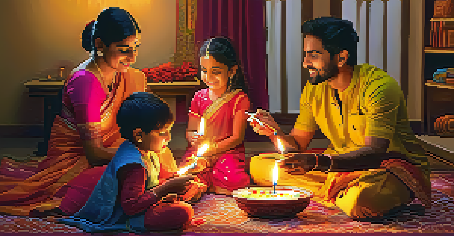 A family celebrating Diwali at home, decorating with lights and making rangoli.
