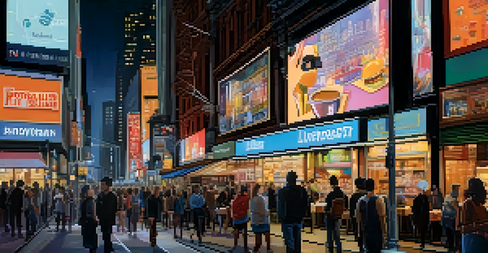 A lively street in New York City at night, filled with people using smartphones and laptops, highlighted by bright neon lights.