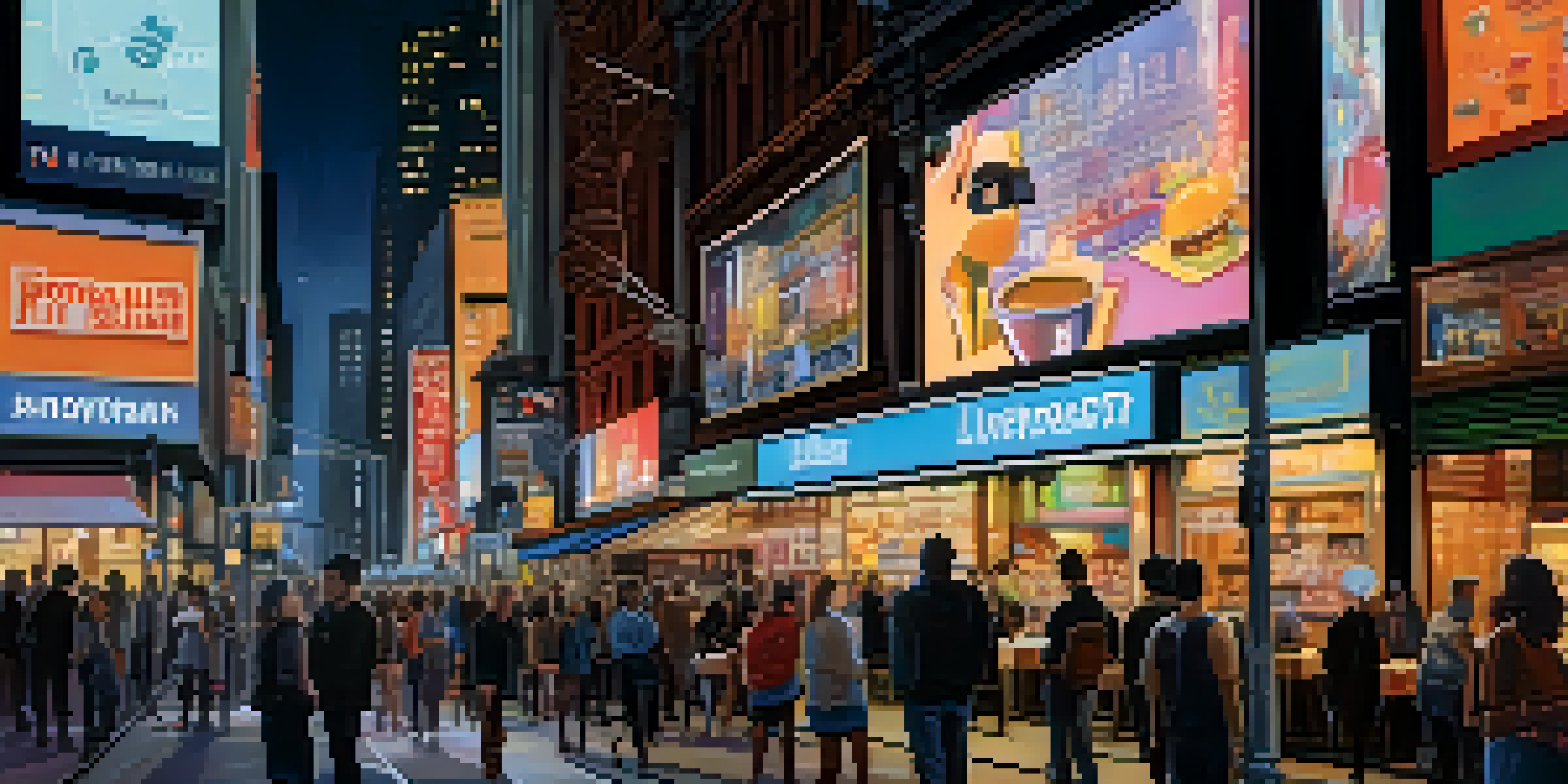 A lively street in New York City at night, filled with people using smartphones and laptops, highlighted by bright neon lights.