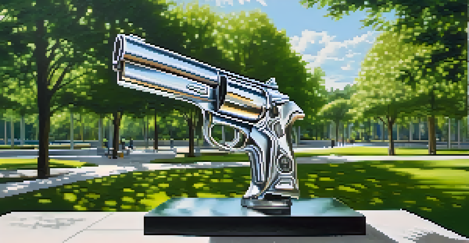 Close-up of the 'Knotted Gun' sculpture in front of the UN Headquarters, symbolizing peace.
