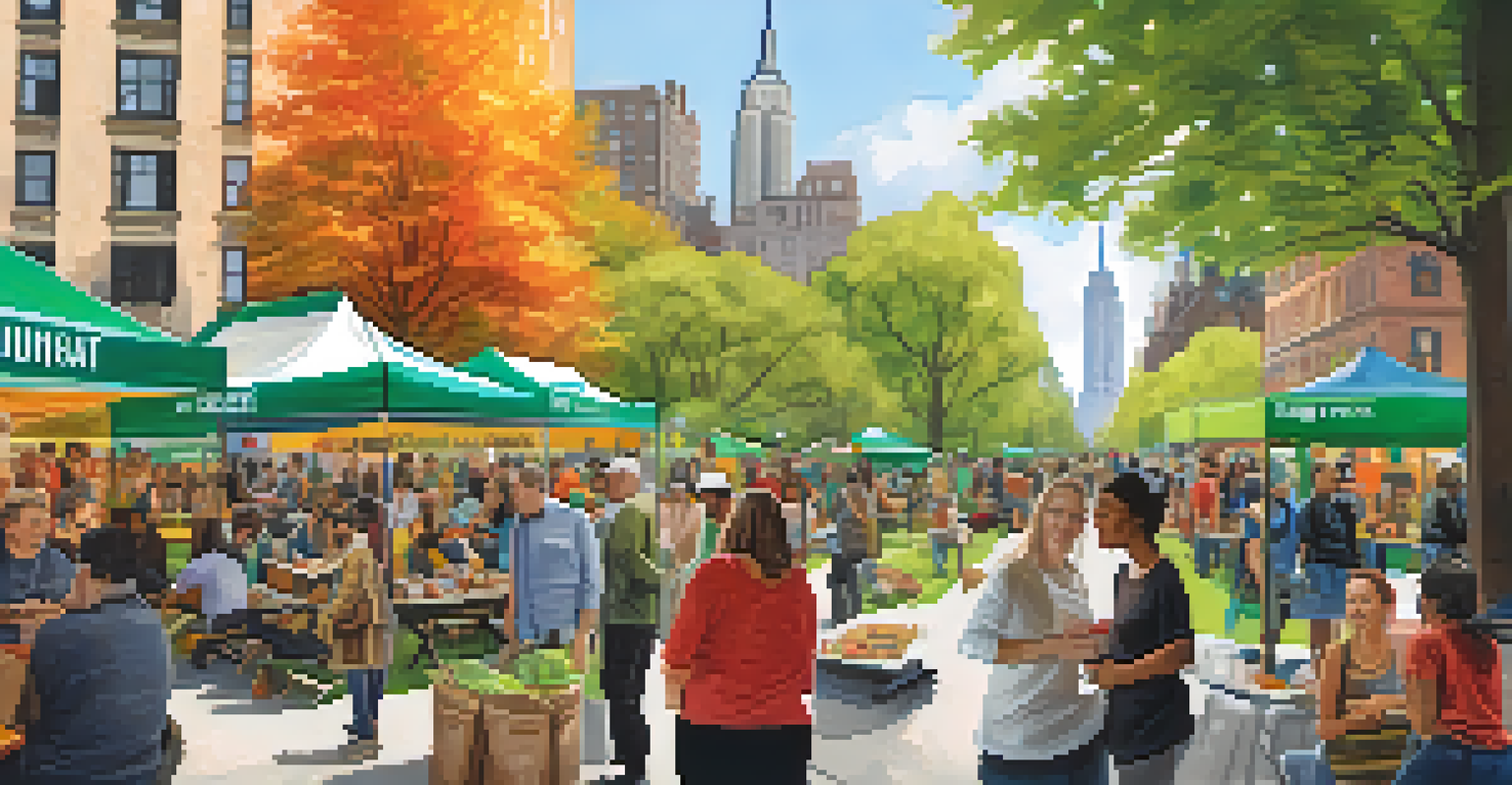 A vibrant scene of Climate Week NYC in an urban park, with people engaging in discussions and colorful banners promoting sustainability.