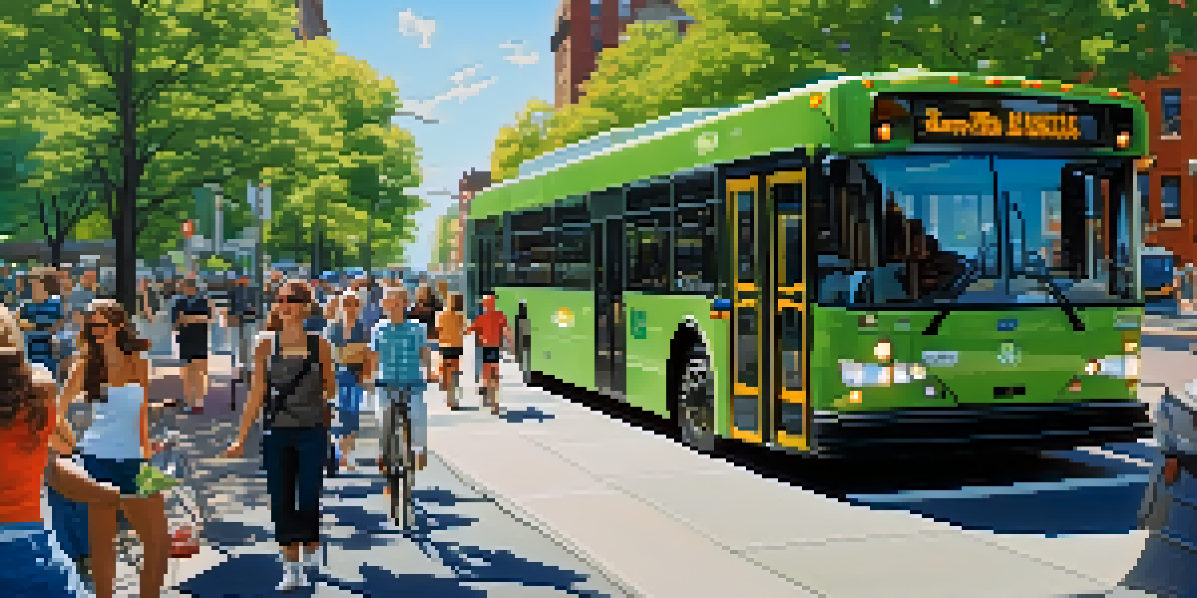 A lively New York City street with electric buses, cyclists, and green spaces under a clear blue sky.