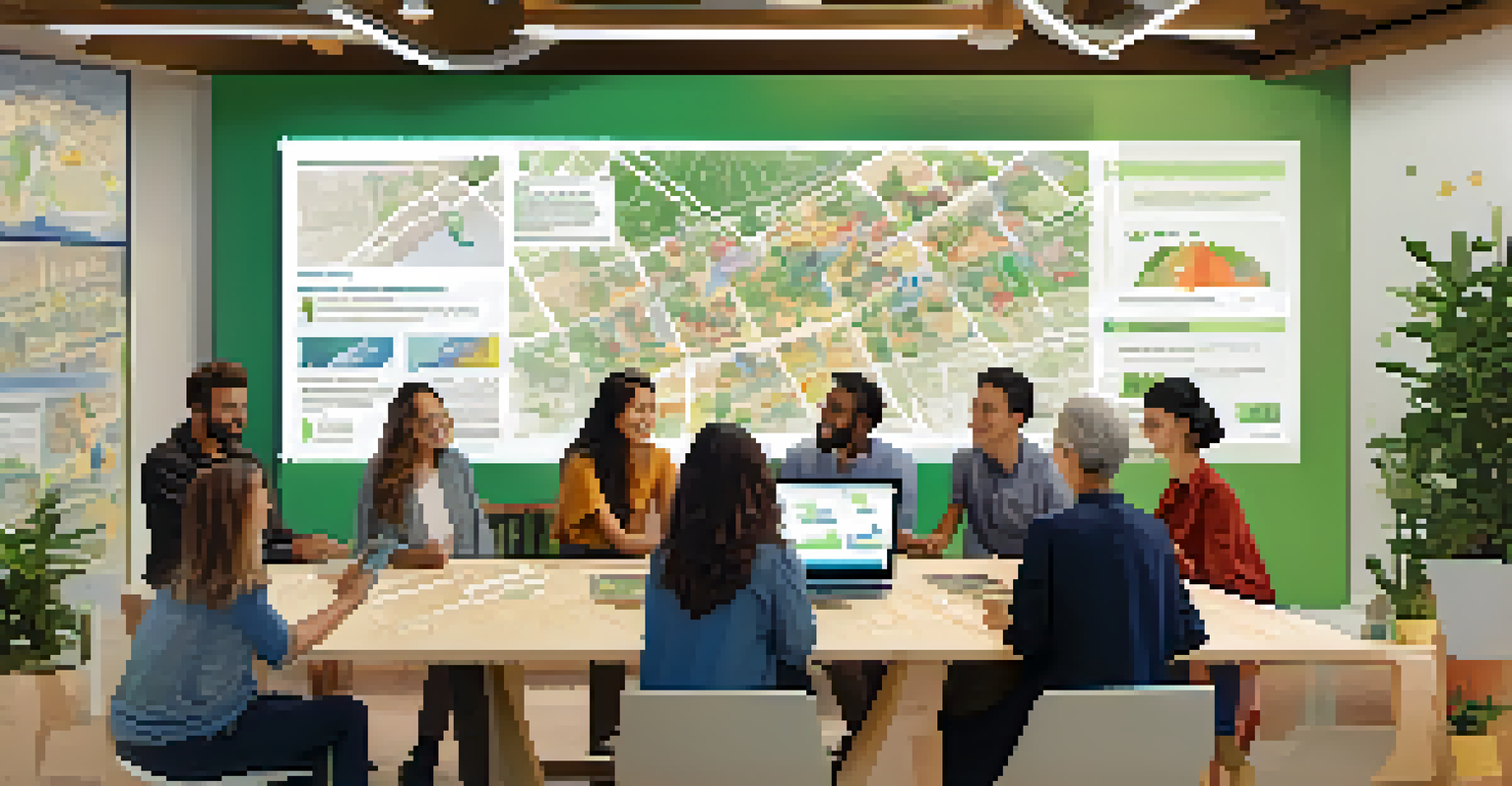 A laptop with an interactive urban planning map surrounded by community members, in a room decorated with plants and sustainable development posters.