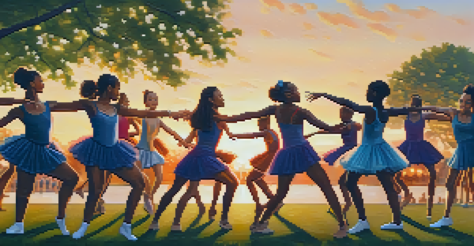 Young dancers performing a blend of hip-hop and ballet in a New York City park at sunset, with a diverse audience enjoying the show.