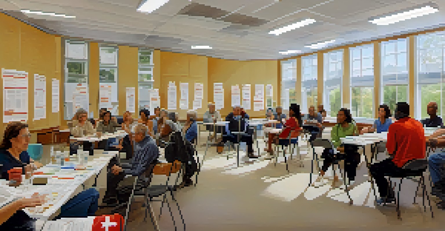 Residents attending a disaster preparedness workshop in a community center, surrounded by educational materials and engaged discussions.