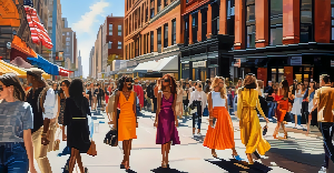 A lively New York City street filled with fashion influencers showcasing diverse styles during Fashion Week, with colorful street art in the background and illuminated by warm sunlight.