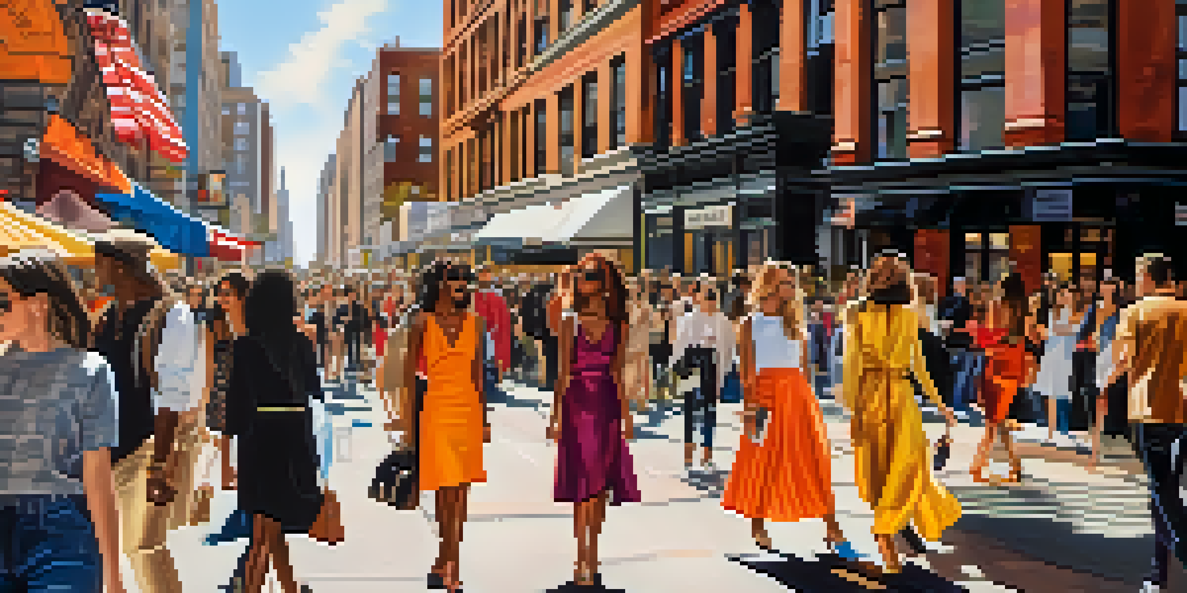 A lively New York City street filled with fashion influencers showcasing diverse styles during Fashion Week, with colorful street art in the background and illuminated by warm sunlight.