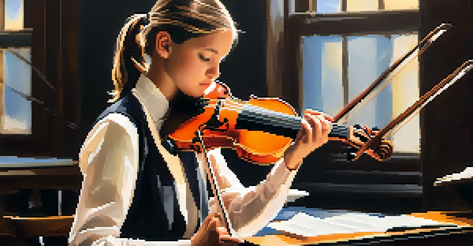 A close-up of a student playing the violin in a music class, surrounded by sheet music and musical instruments, showcasing a focused and passionate expression.