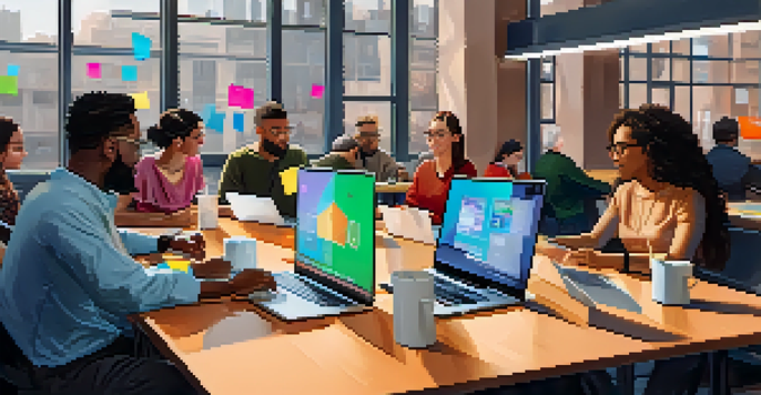 A lively tech meetup in a modern co-working space, with diverse attendees engaged in discussions and sharing ideas.