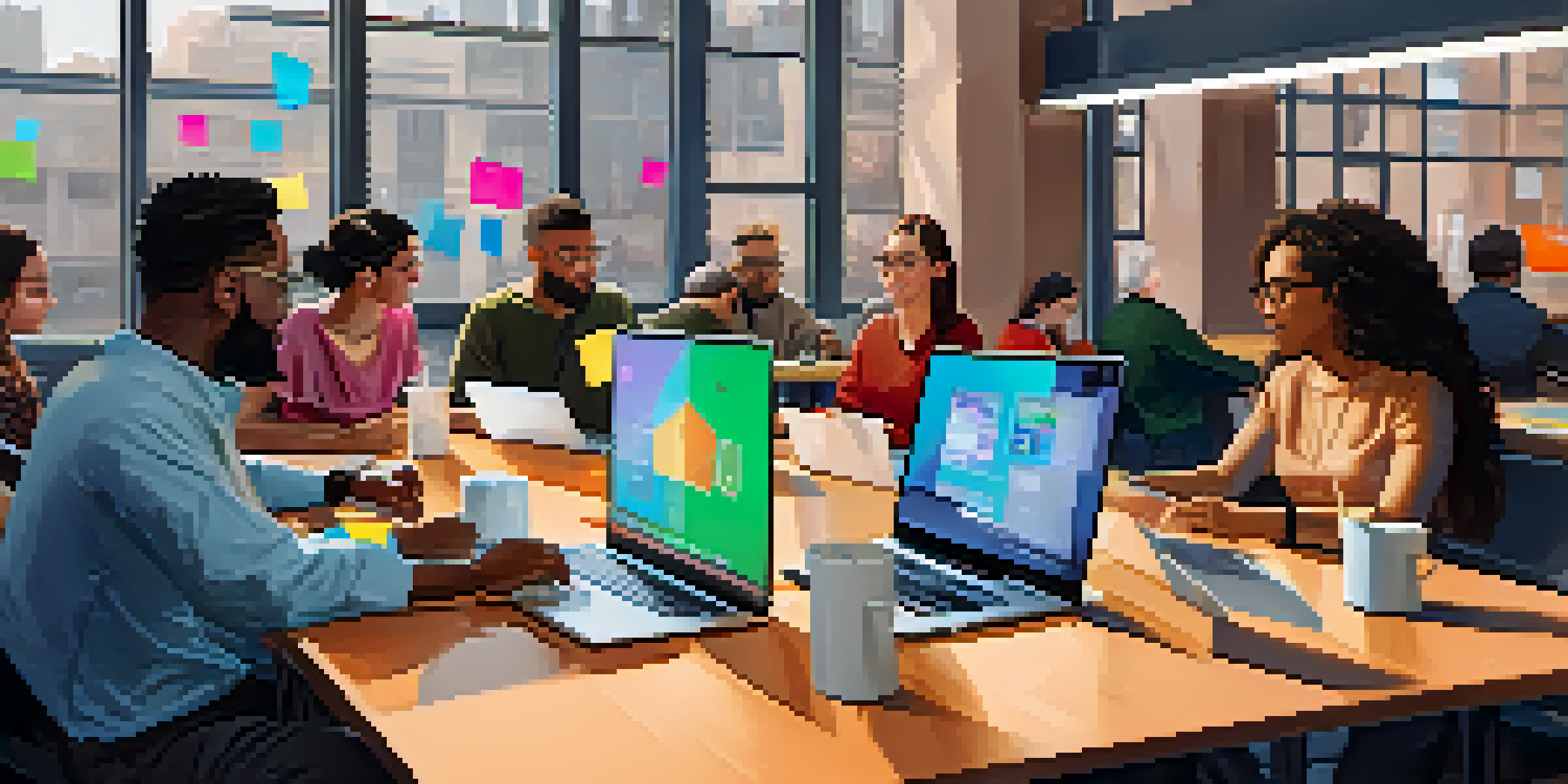 A lively tech meetup in a modern co-working space, with diverse attendees engaged in discussions and sharing ideas.