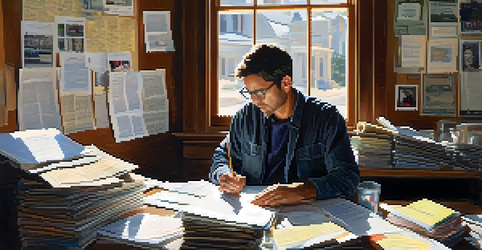 A local journalist at a desk filled with notes and a laptop, illuminated by soft natural light while writing about civic engagement.