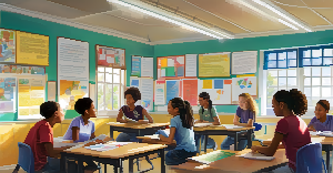 A lively classroom with diverse students working together and a teacher guiding them, sunlight illuminating the space.