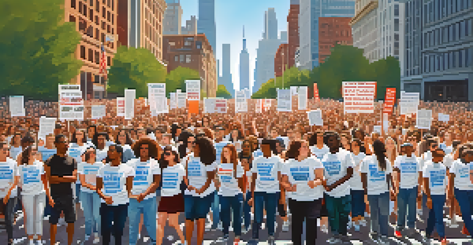 Students marching for gun reform in New York City, holding banners and wearing matching t-shirts with skyscrapers in the background.