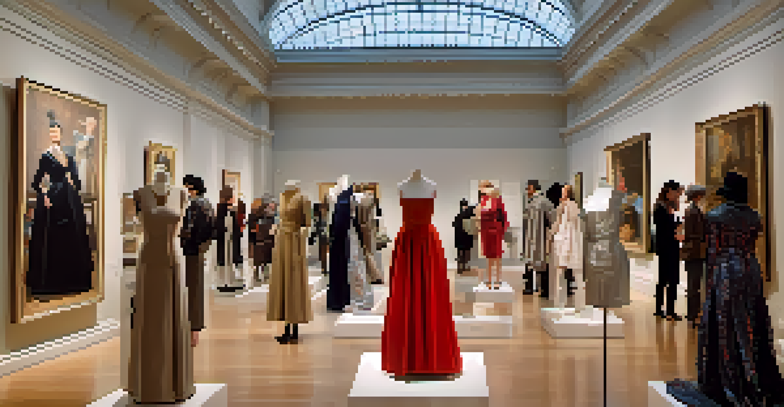 An art exhibition in a New York museum, showcasing fashion garments next to classic art pieces, with visitors engaged in appreciation and discussion.