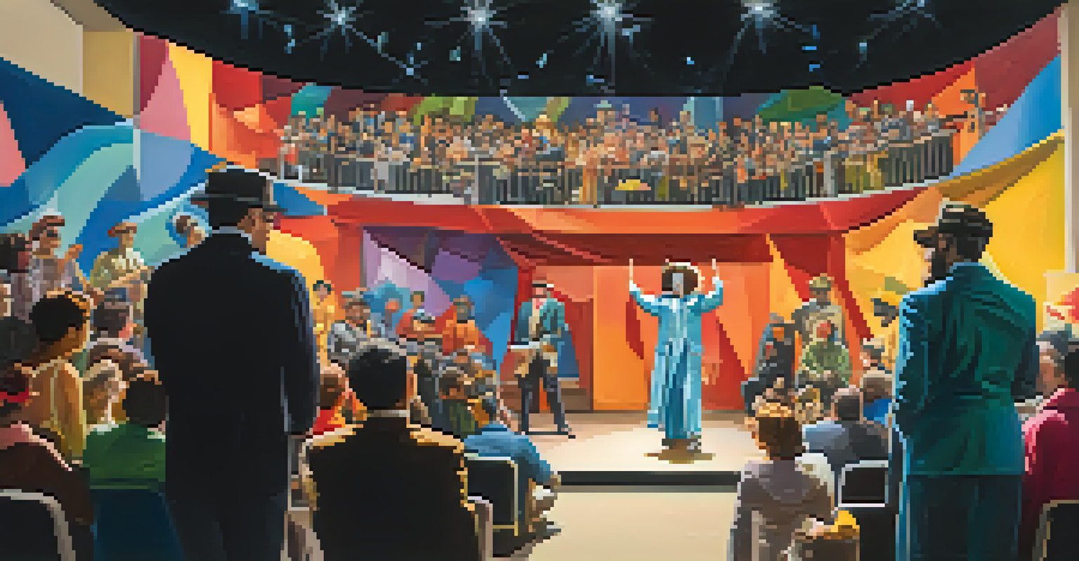 Experimental theater in Brooklyn with colorful props and engaged audience, showcasing dynamic performances.