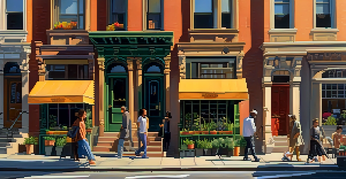 A lively New York City street with diverse pedestrians and brownstone buildings illuminated by warm sunset light.