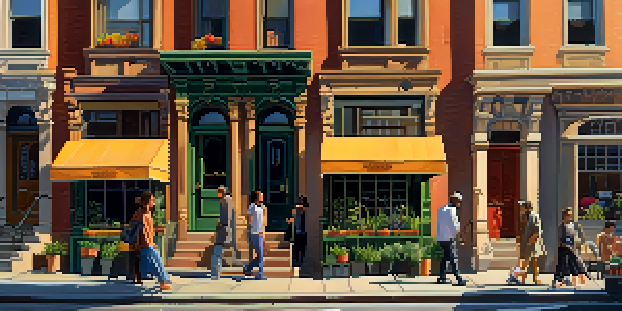 A lively New York City street with diverse pedestrians and brownstone buildings illuminated by warm sunset light.