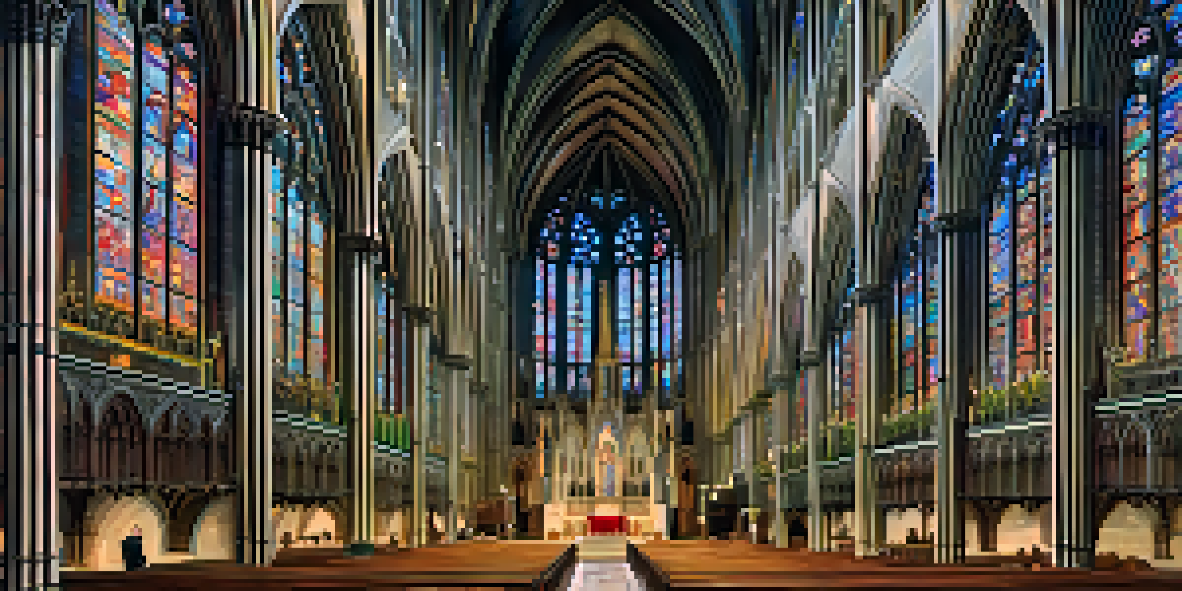 A wide-angle view of St. Patrick's Cathedral with its tall spires and detailed architecture, under a clear blue sky.