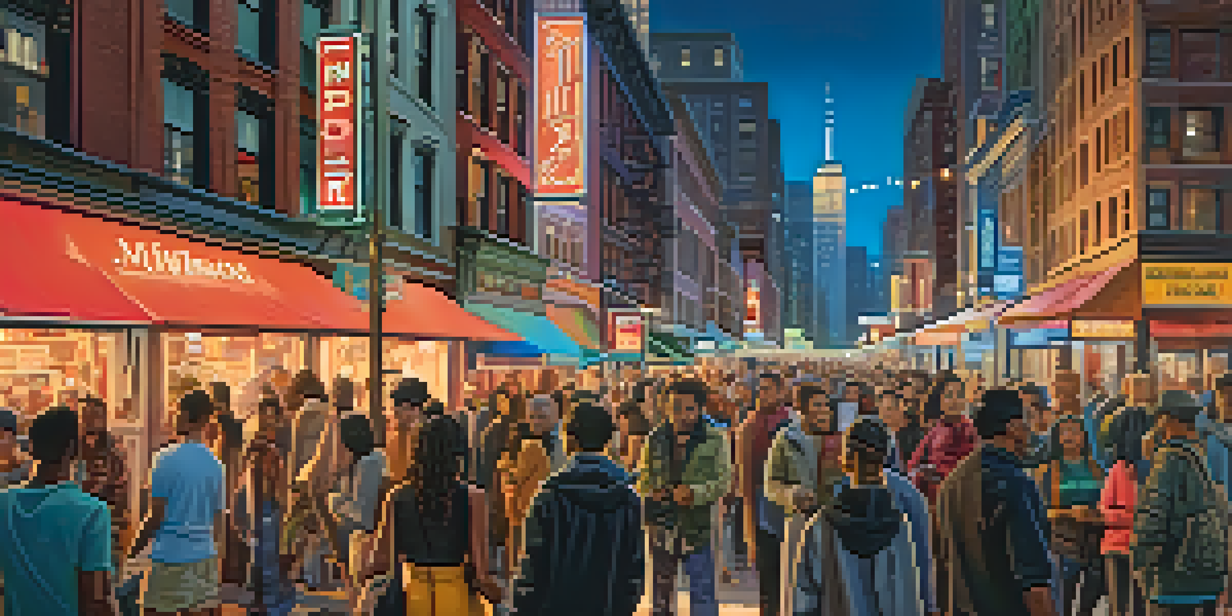 A busy NYC street at night filled with diverse people using smartphones, illuminated by neon signs and street lamps.