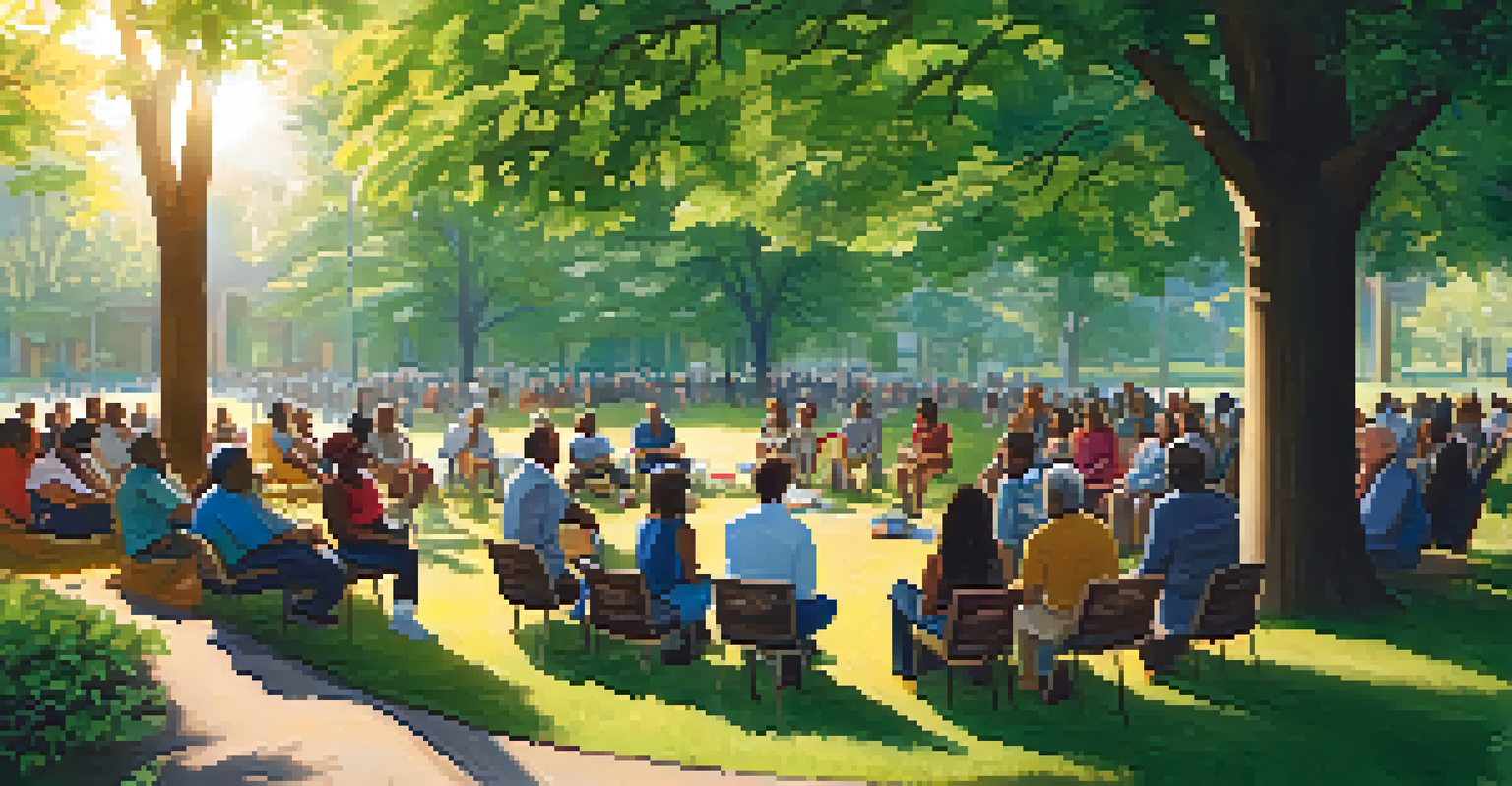A community meeting in a park with residents and leaders discussing public health, surrounded by trees and greenery.