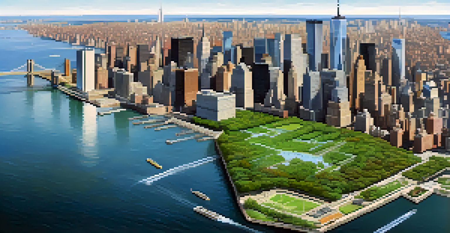 An aerial view of the East Side Coastal Resiliency project in New York City, featuring parks and flood protection along the waterfront with Manhattan's skyline in the background.