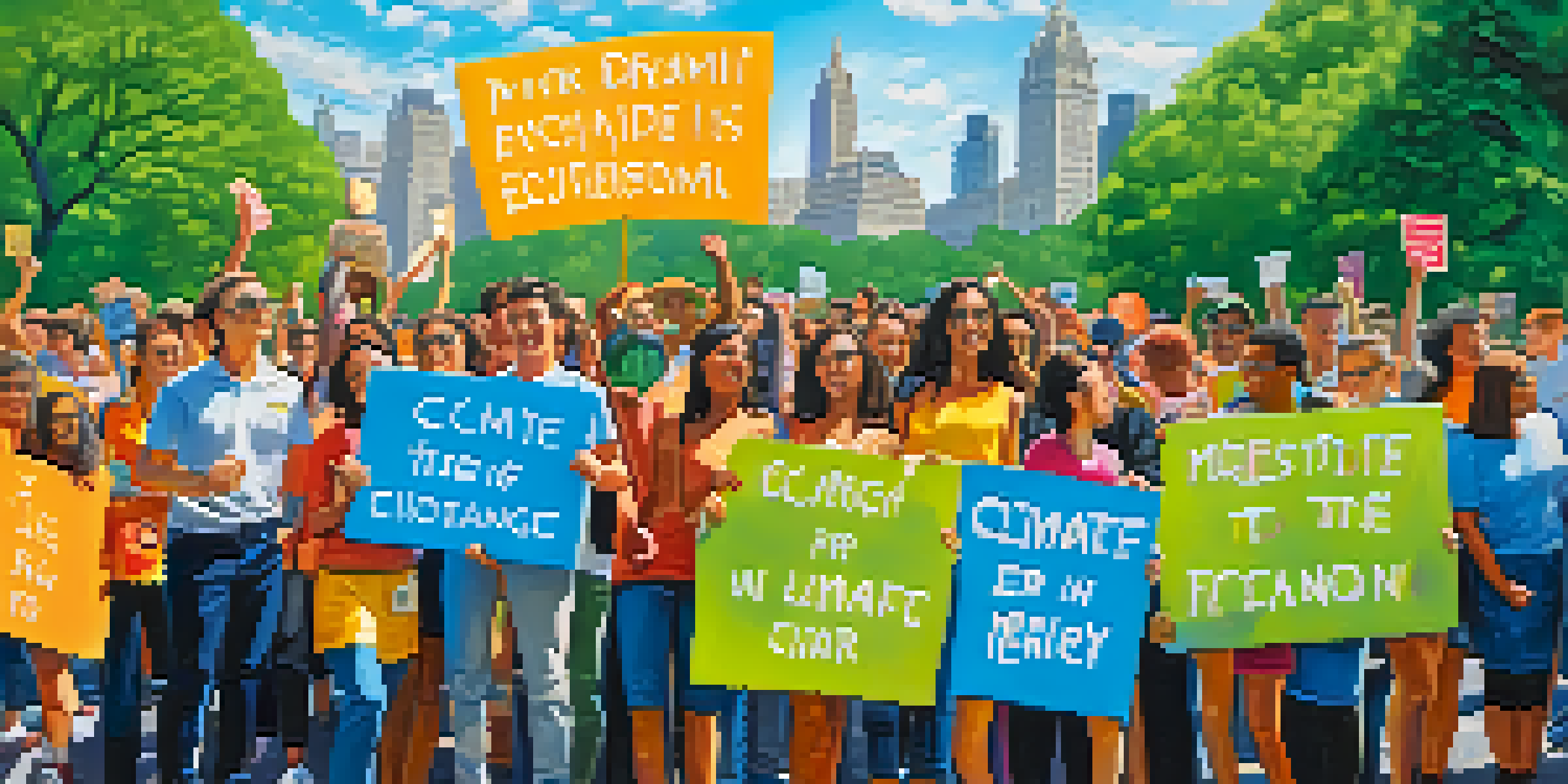 A group of young activists in Central Park holding colorful signs for climate change, surrounded by trees and a bright blue sky.