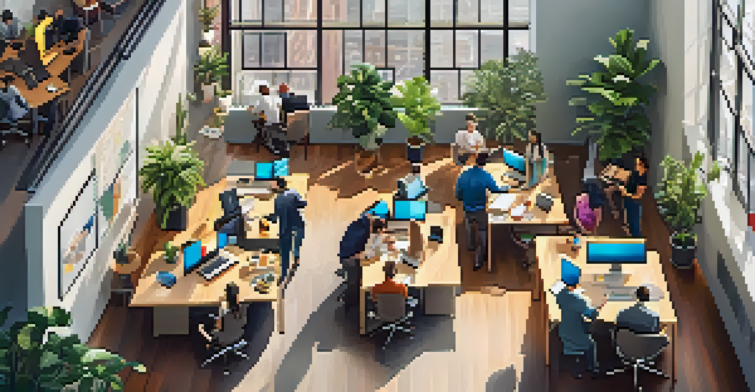 An overhead view of a bustling coworking space in Manhattan with people collaborating and working on laptops.