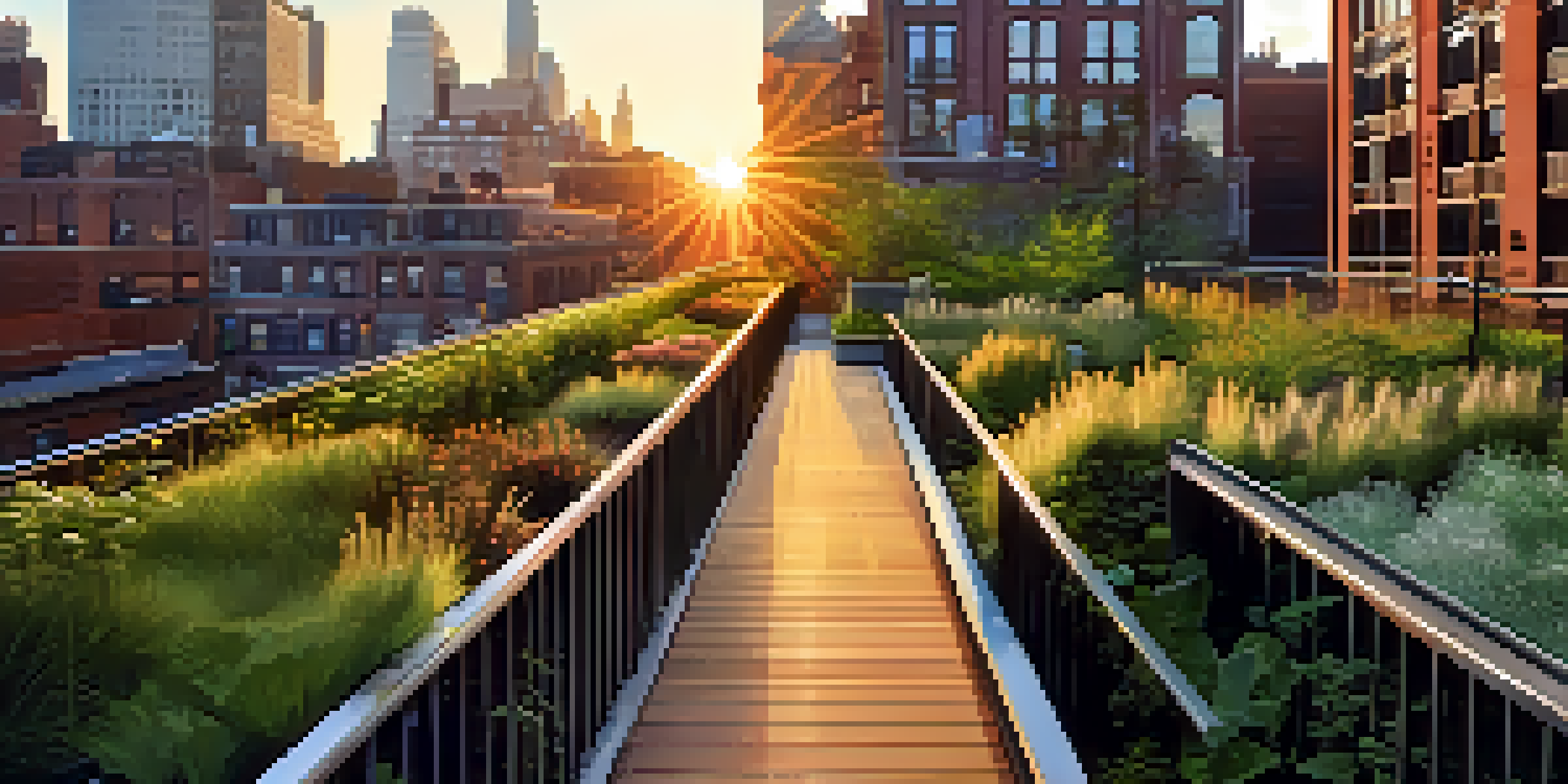 A scenic view of the High Line park in New York City at sunset, with vibrant greenery and artistic structures against the skyline.