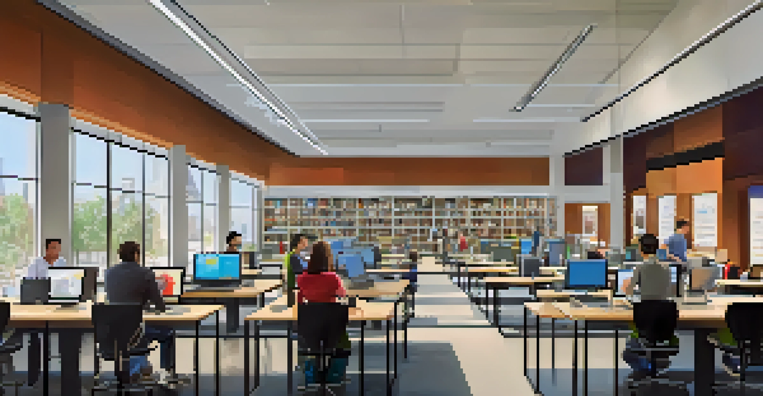 A modern library computer lab with patrons using laptops and tablets, and a librarian assisting a user.