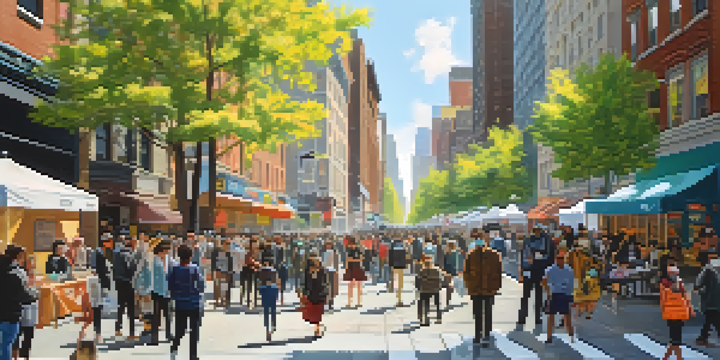 A lively New York City street scene during the COVID-19 pandemic, showing people in masks, social distancing markers, and a vaccination site under bright sunlight.