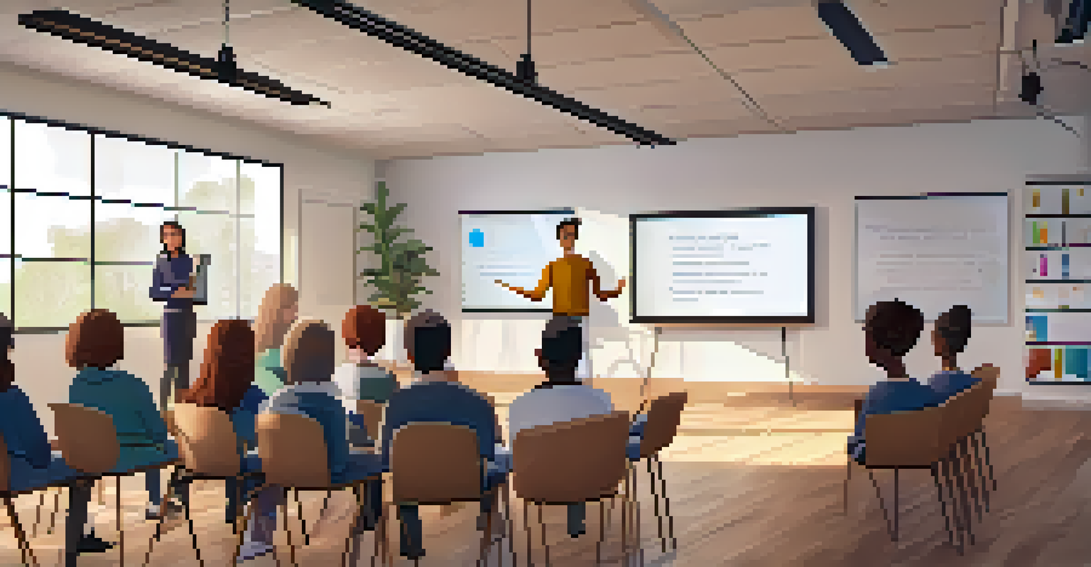 A modern workshop where a teacher is demonstrating an educational technology platform to a group of attentive educators in a cozy environment.