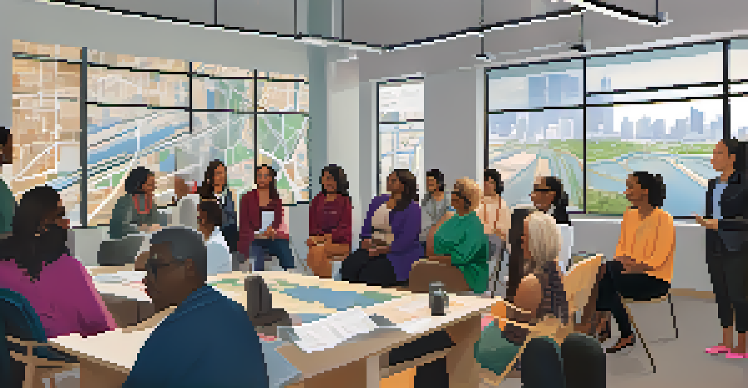 A diverse group of women in a community meeting discussing transportation needs, emphasizing collaboration and advocacy.