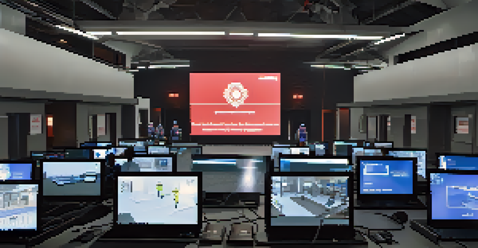 Emergency responders participating in a virtual reality training session in a modern facility, showcasing advanced simulation equipment and focused lighting.