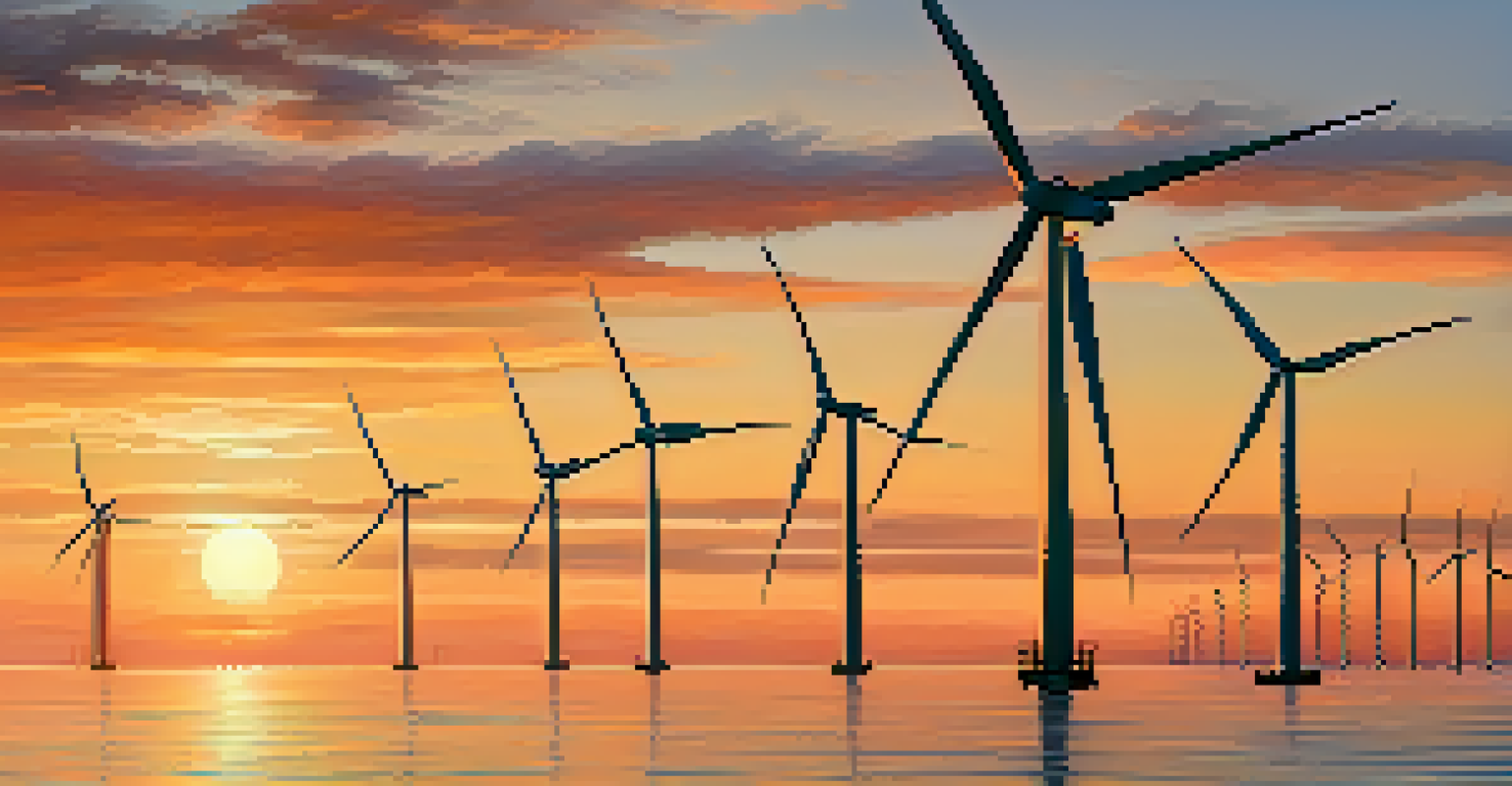 An offshore wind farm with wind turbines against a sunset over the ocean.