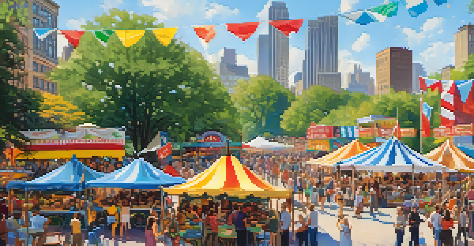 An outdoor festival in a NYC park with food stalls, live music, and people enjoying the vibrant atmosphere under a sunny sky.