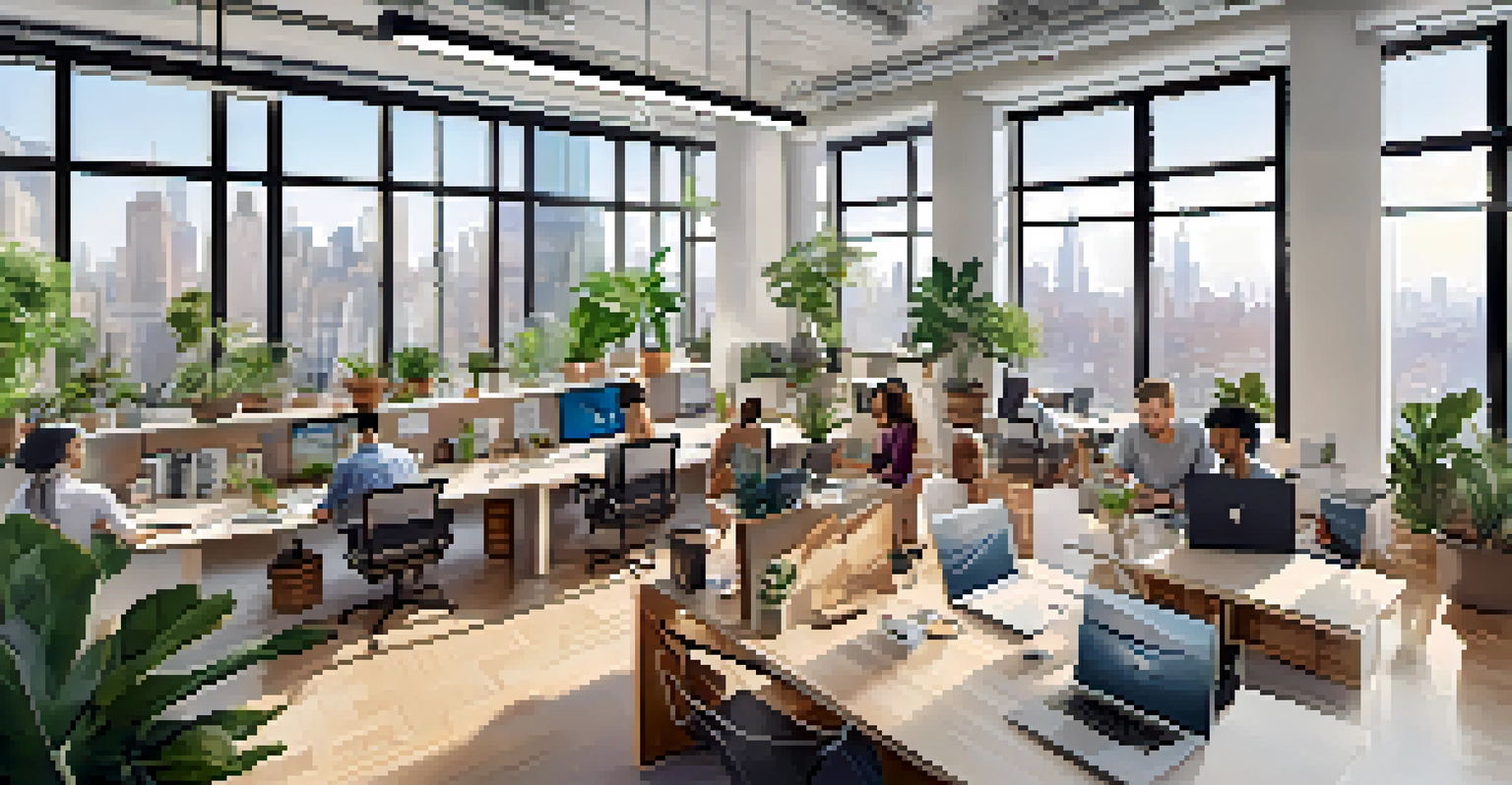 Aerial view of a modern co-working space in Manhattan with diverse entrepreneurs working together.