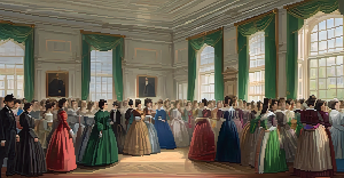 A gathering of women in 1848 discussing women's rights at the Seneca Falls Convention, surrounded by banners and natural light.