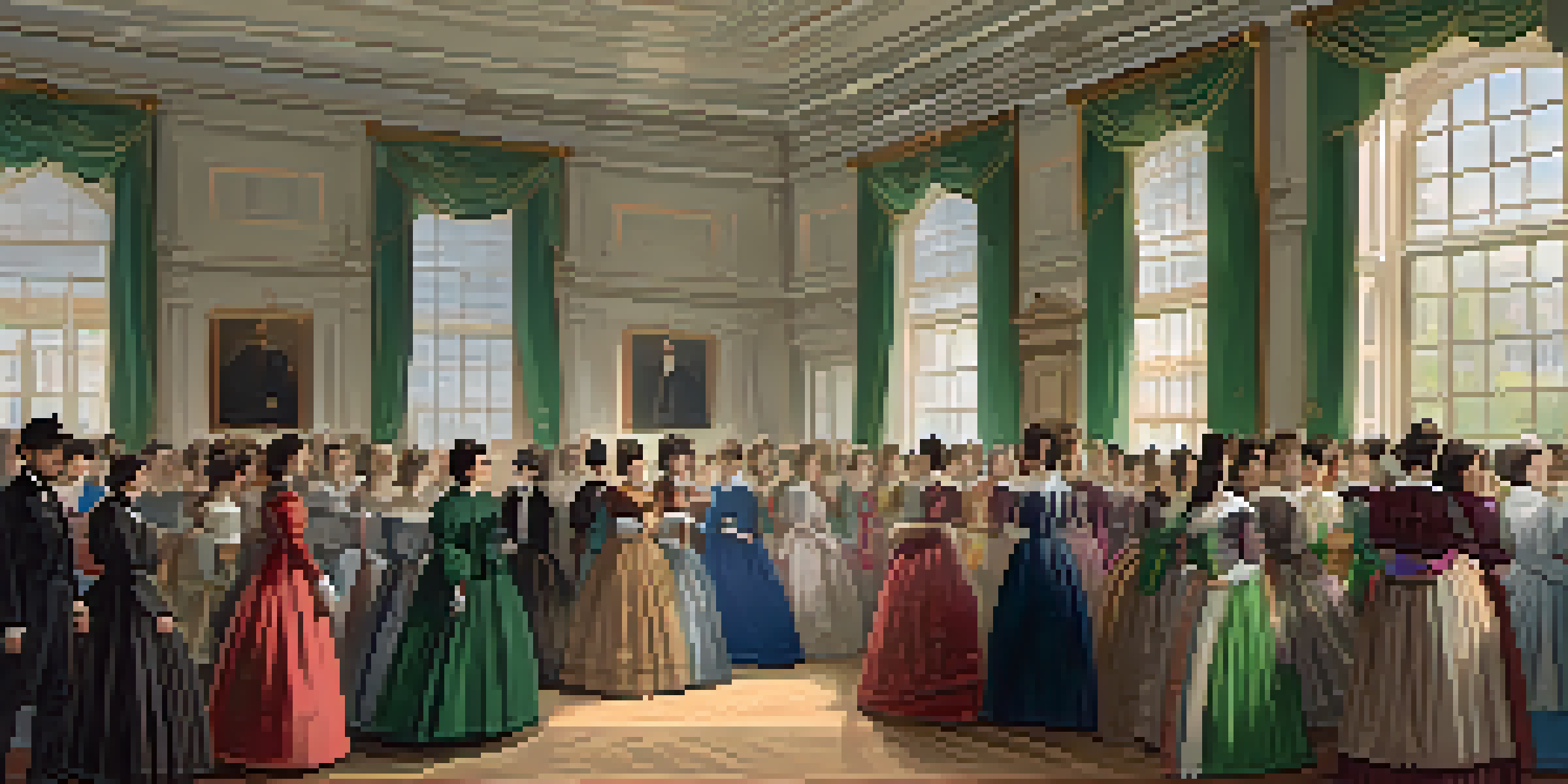 A gathering of women in 1848 discussing women's rights at the Seneca Falls Convention, surrounded by banners and natural light.