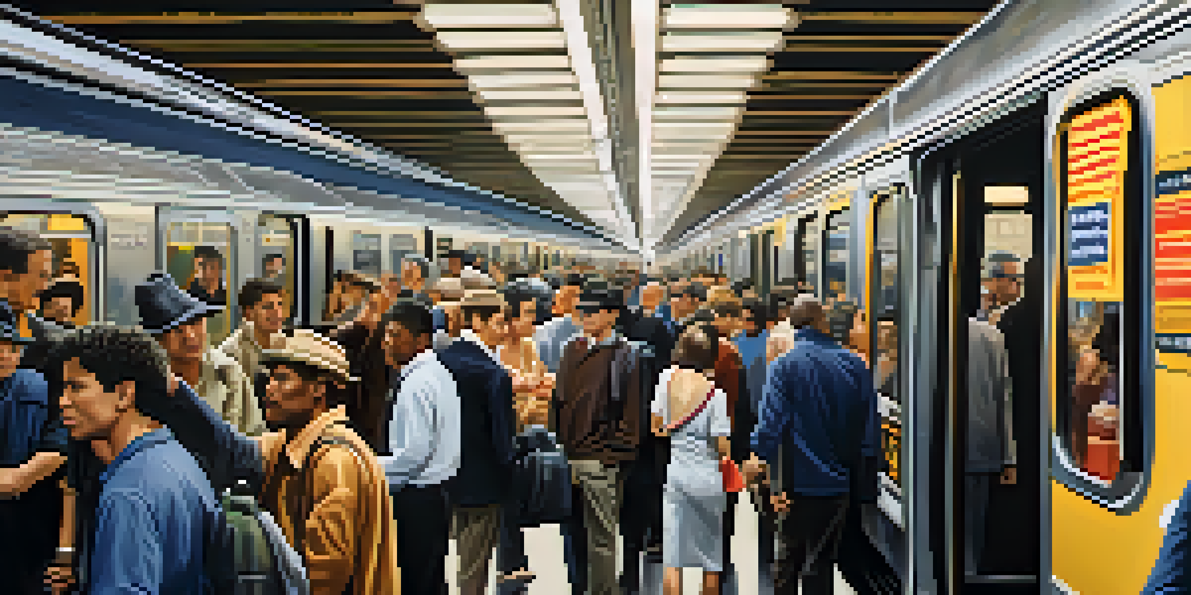 A crowded New York City subway station with diverse commuters and an arriving train, showcasing the lively atmosphere of urban transit.