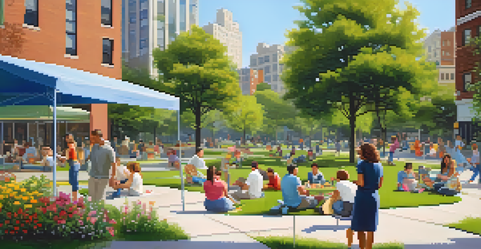 A peaceful park in New York City with families and artists enjoying a sunny day.