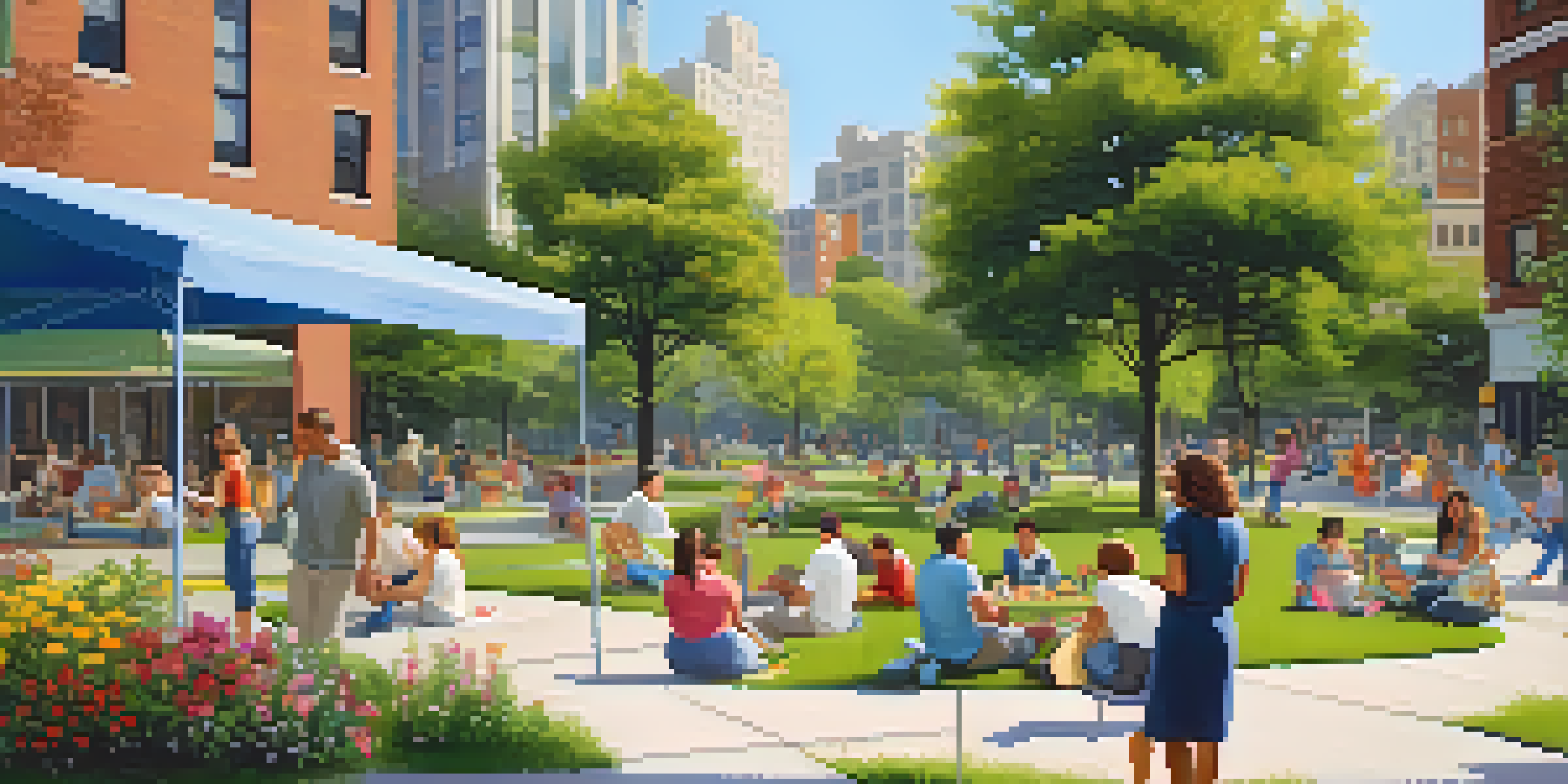 A peaceful park in New York City with families and artists enjoying a sunny day.