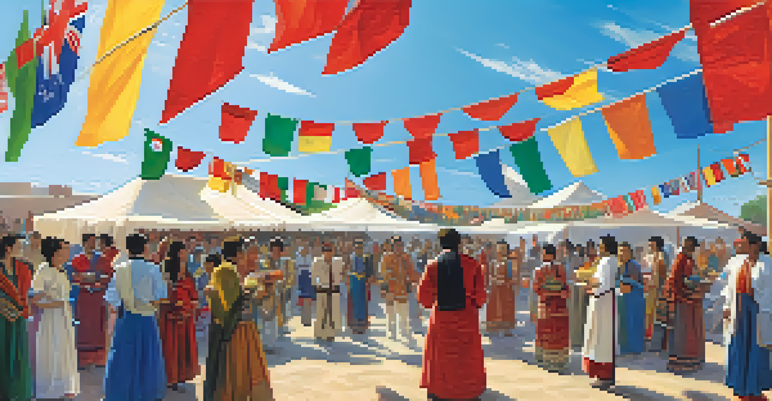 A cultural festival at a library with people in traditional attire sharing food and performances.